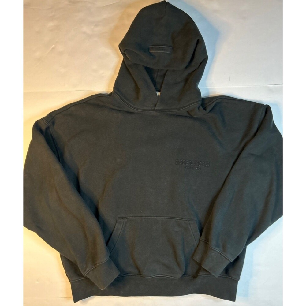 Essentials Fear God Men's Black Logo Fleece Pullover Hoodie Pockets Size S FLAW